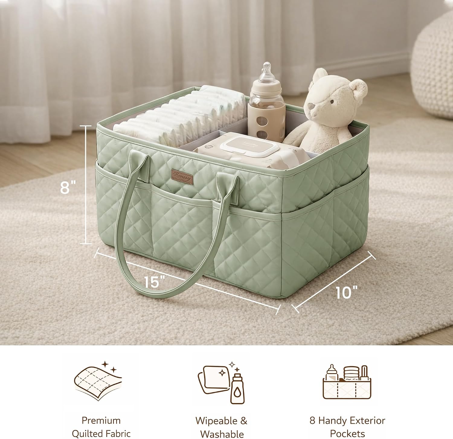 Thumbnail 5 de Konssy LLMMB-WL Baby Diaper Caddy, Fog Green Quilted Organizer with Removable Divider