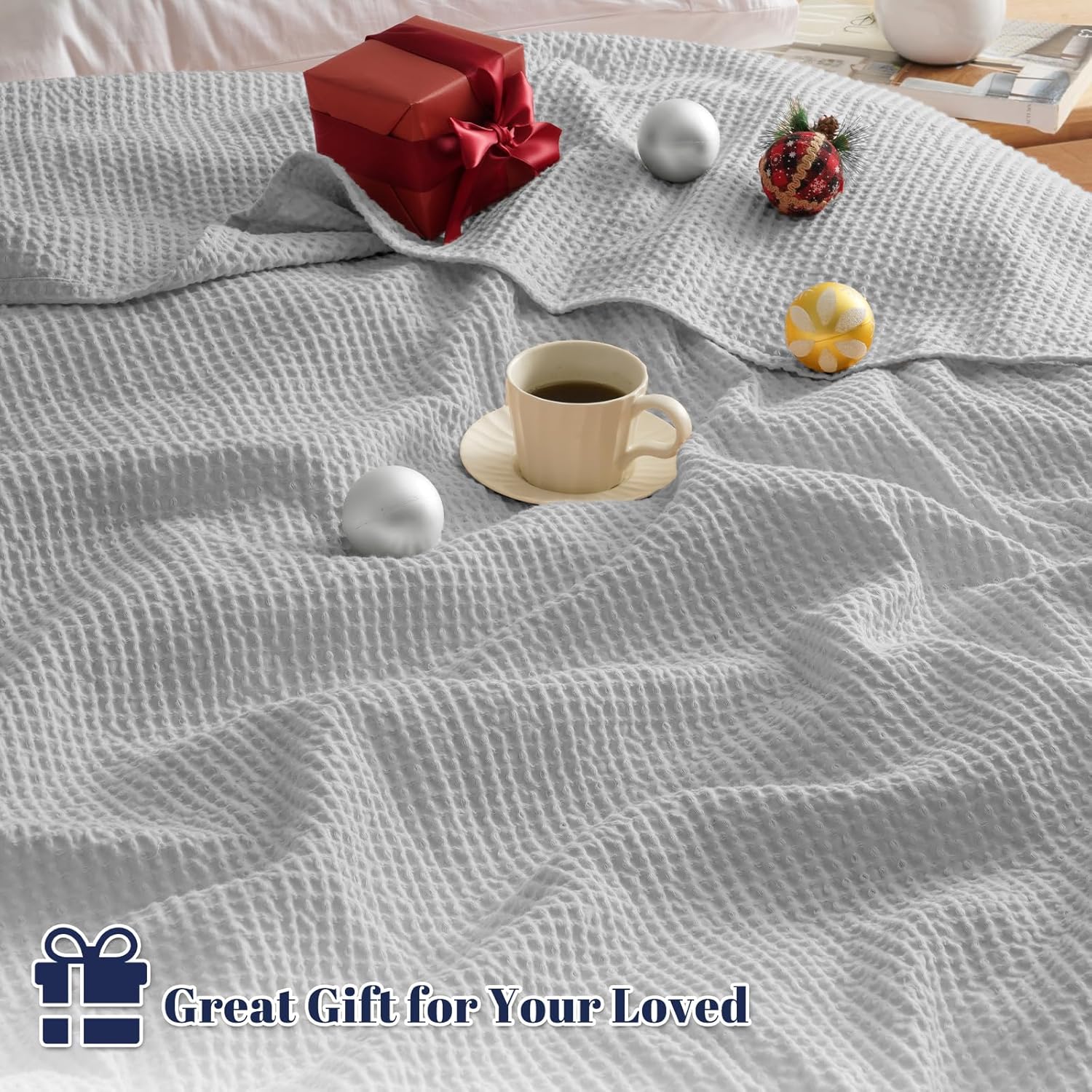 Thumbnail 5 de PHF 100% Cotton Waffle Weave Blanket (Super King, 230 x 270cm) – Pre-washed Lightweight Breathable Throw, Oeko-TEX certified, Light Grey