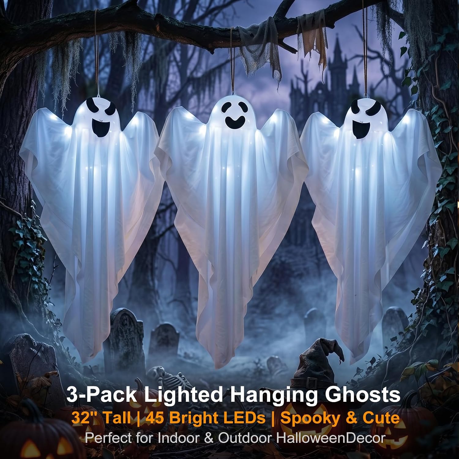 Detalle de BCLGSHINE 3-Pack Hanging Ghost Decorations, 32-Inch with 45 LEDs and Witch Hats
