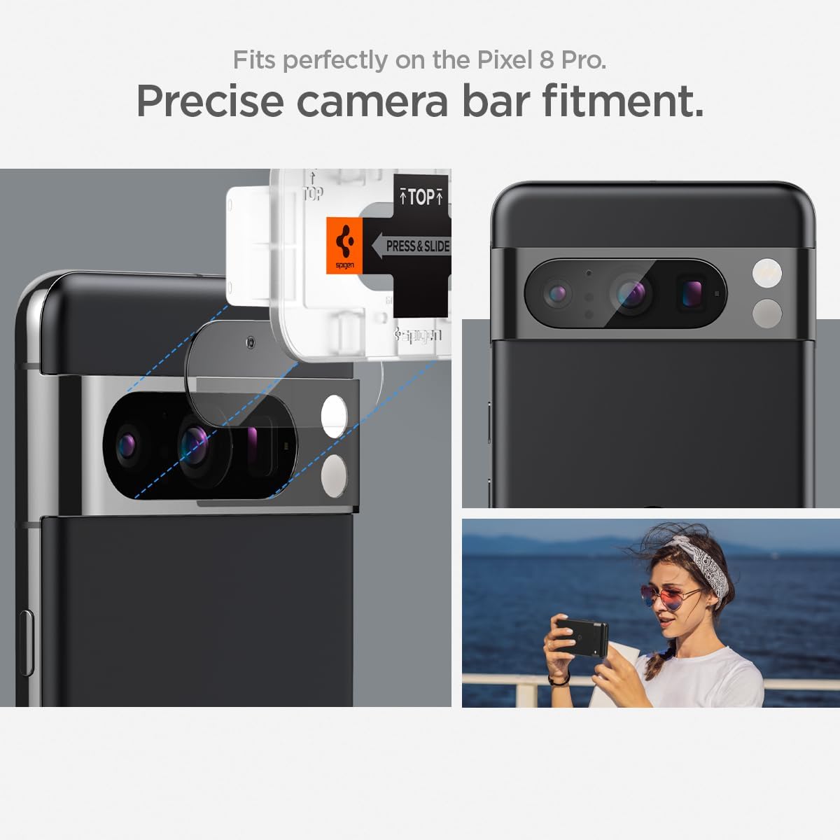 Detalle 2 de Protection d’objectif caméra arrière en verre trempé Spigen Glas.tR EZ Fit pour Google Pixel 8 Pro (2 pièces) – Claire, 9H