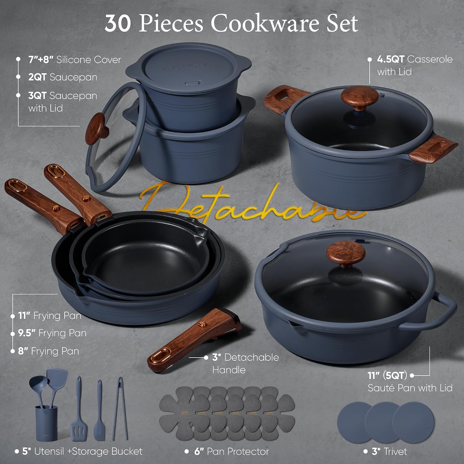 Detalle de CAROTE 30-Piece Titanium Cookware Set with Detachable Handle