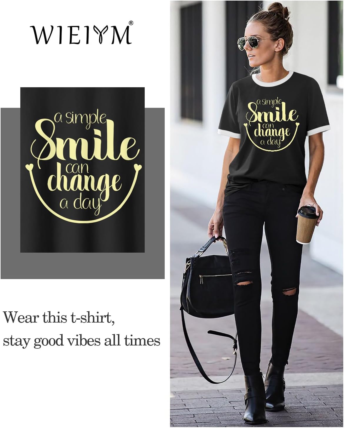 Thumbnail 2 de WIEIYM Women Round Neck Short Sleeve T-Shirt with Smile Graphic Print