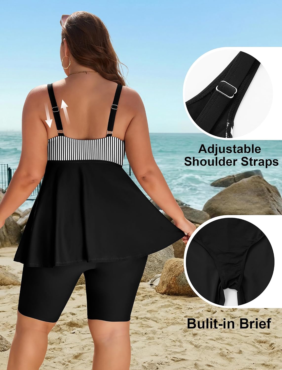 Detalle 2 de Arolina Plus Size Two-Piece Modest Tankini with Tummy Control and Shorts