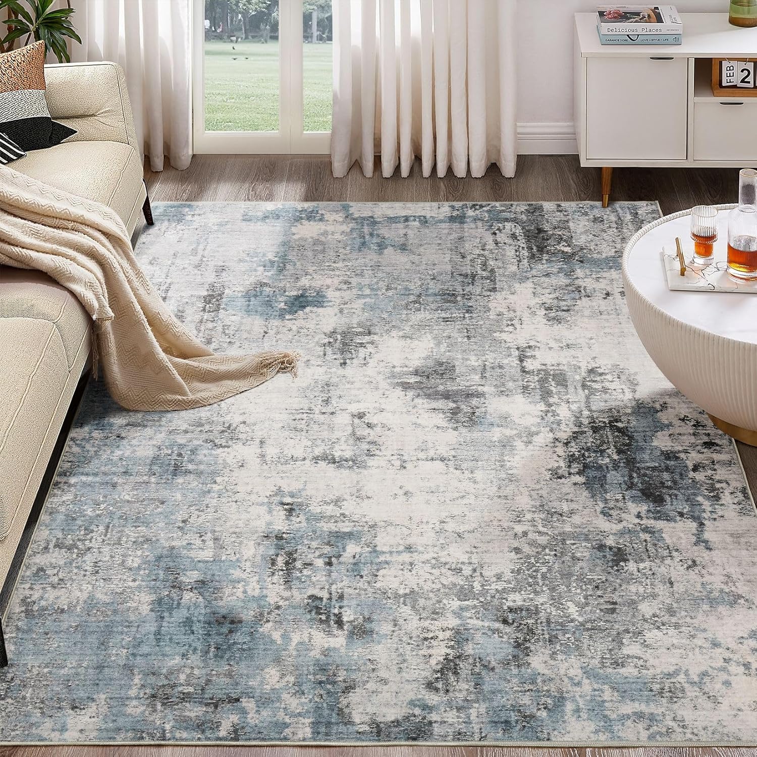 Thumbnail 5 de TARANCH Washable Rug 9x12: Modern Abstract Grey-Blue Comfort for Living Spaces