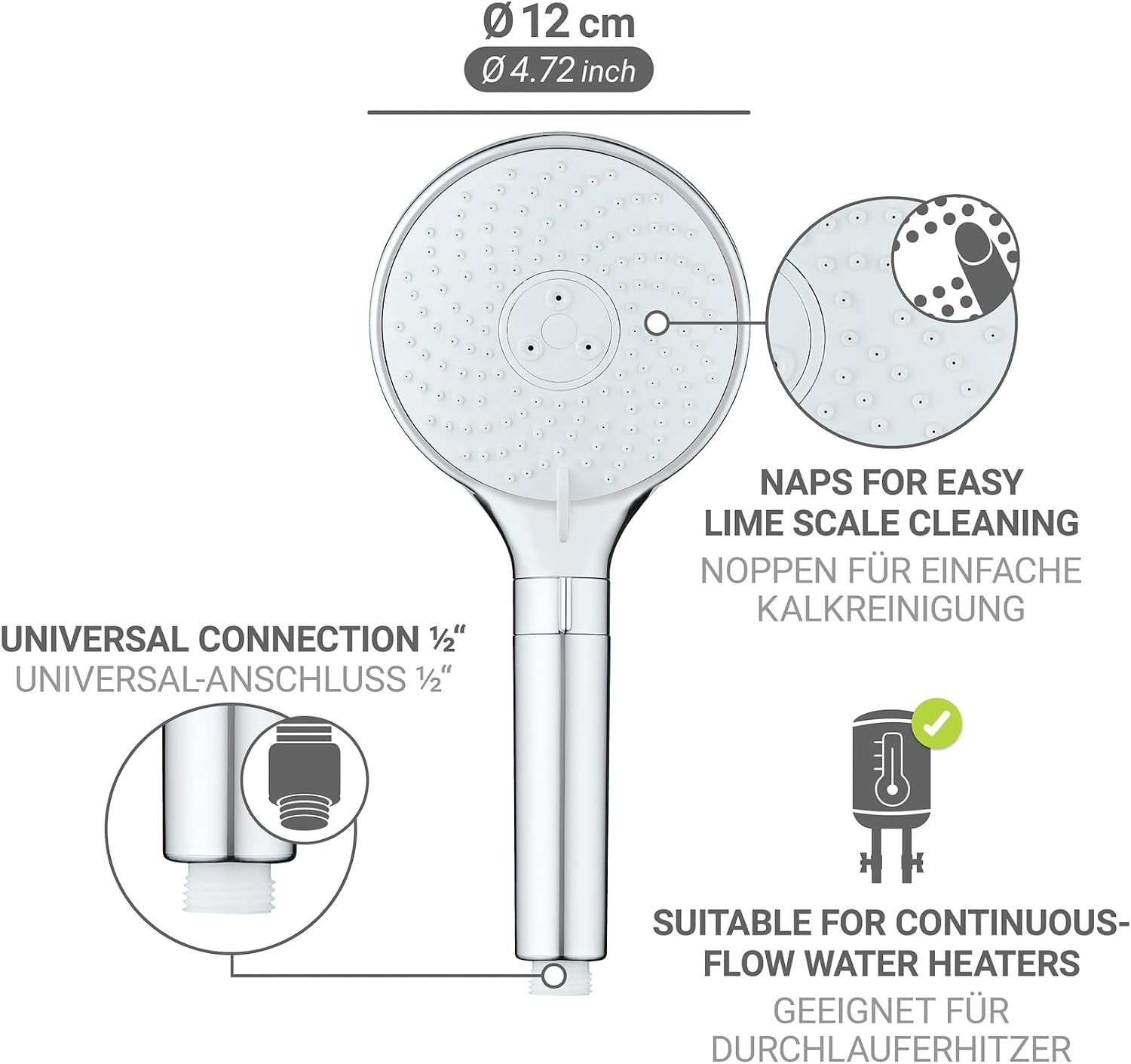 Detalle 2 de WENKO Water Saving Duschkopf (12 cm) mit 3 Strahlarten, regulierender Handbrause & Universalanschluss