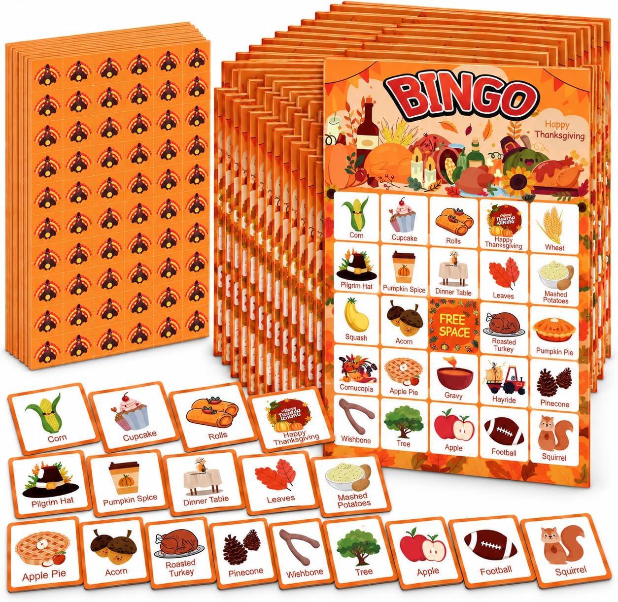 Detalle de MDDRUIQI Thanksgiving Bingo Game for Kids, 24-Player Set with Turkey Markers