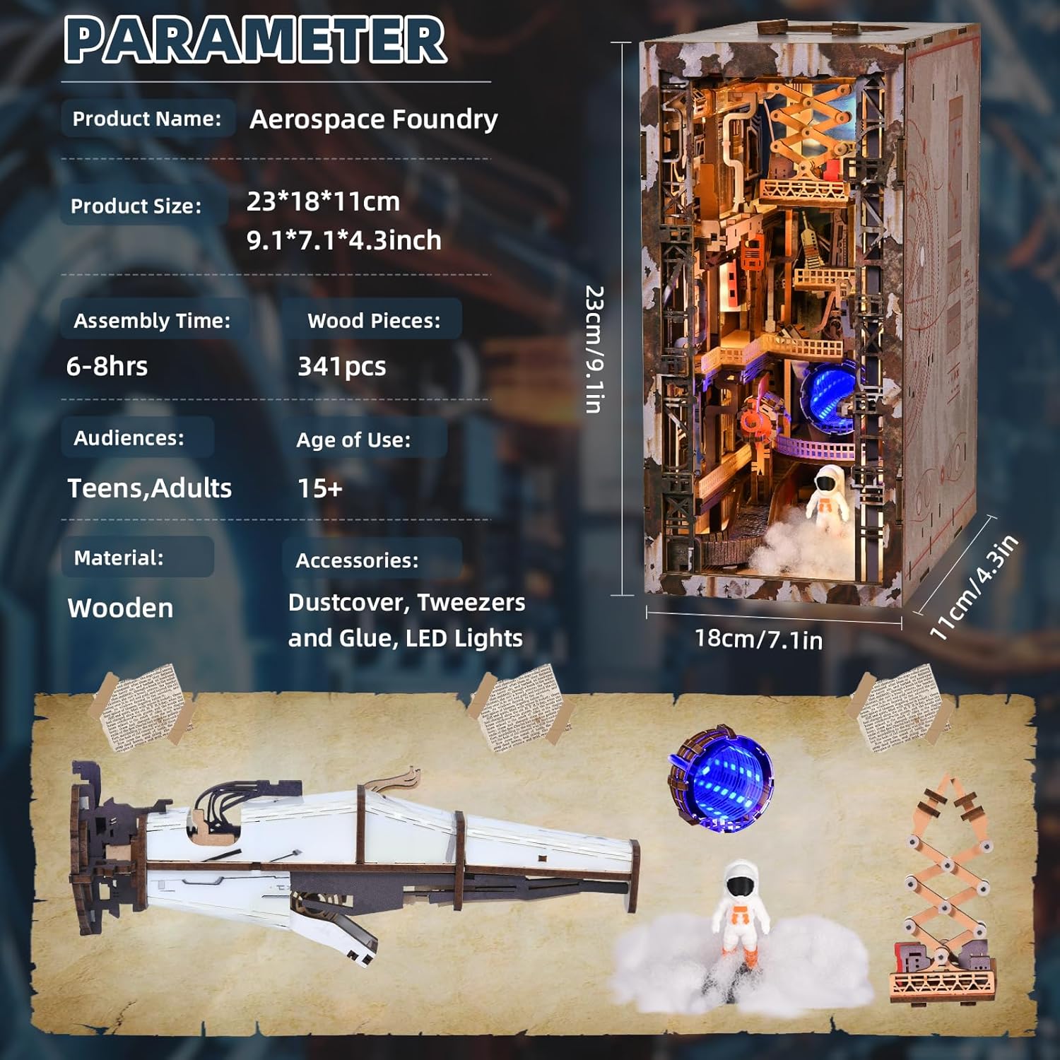 Detalle 2 de MiniCity Book Nook Bausatz von Aerospace Foundry – 3D Puppenhaus Bücherecke mit LED-Beleuchtung und Staubschutzhülle