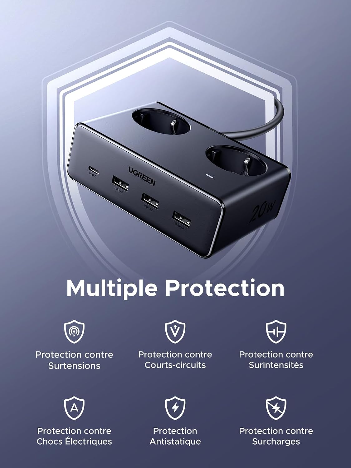 Detalle de UGREEN 45035 6-in-1 stekkerdoos, 3680 W, 2 stopcontacten en 4 USB-poorten