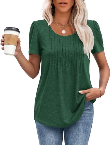 Detalle de MOLERANI Ladies Tops Round Neck Loose Casual Pleated T Shirt – Green, XL