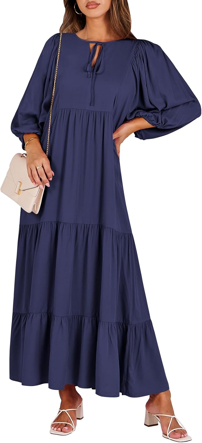 Detalle de ANRABESS Womens Boho Maxi Dress: 2026 Summer Floral V-Neck, Puff Sleeve, Tiered Swing