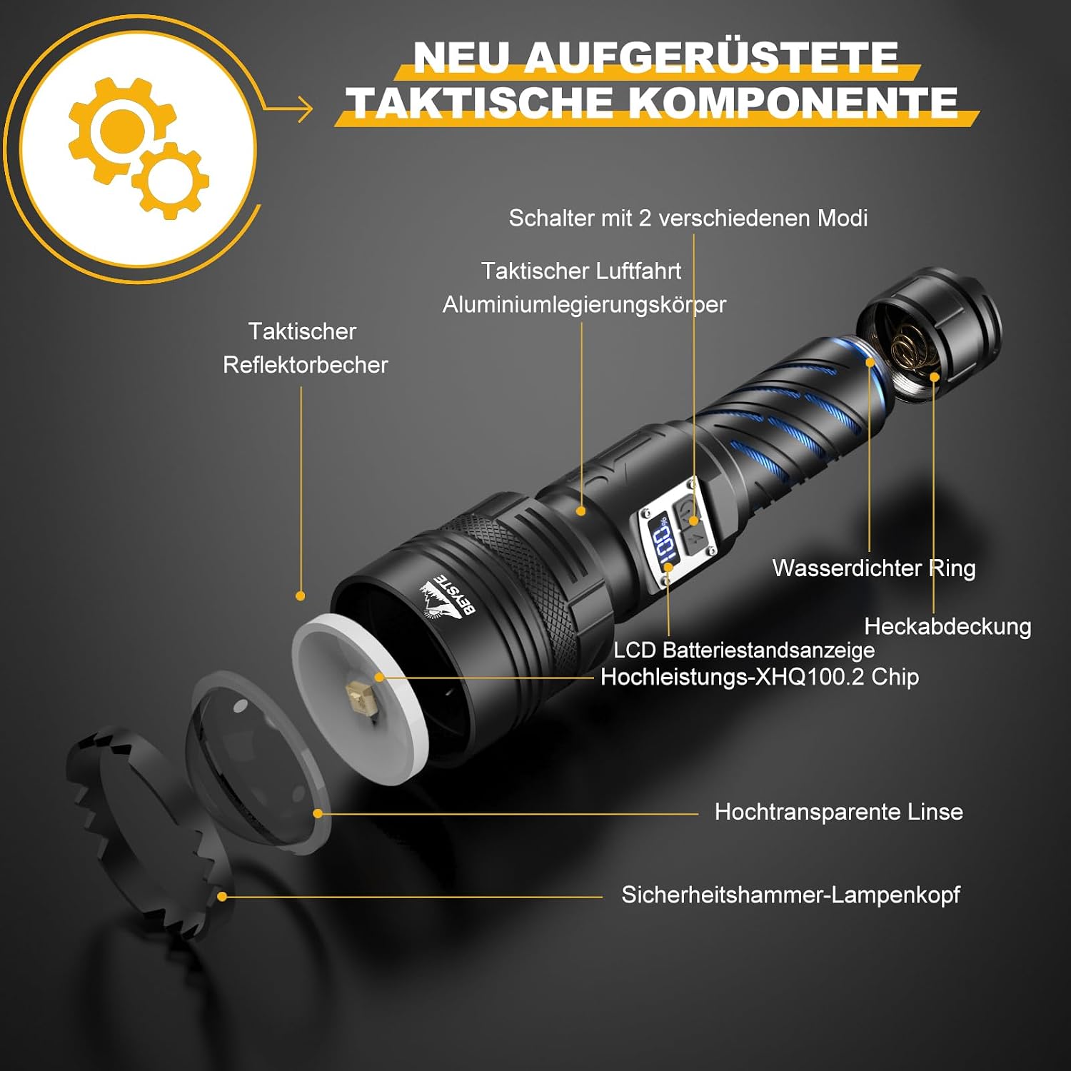 Thumbnail 6 de BEYSTE A10-DE – akumulatorowa latarka LED z aluminium, zoomem i LCD