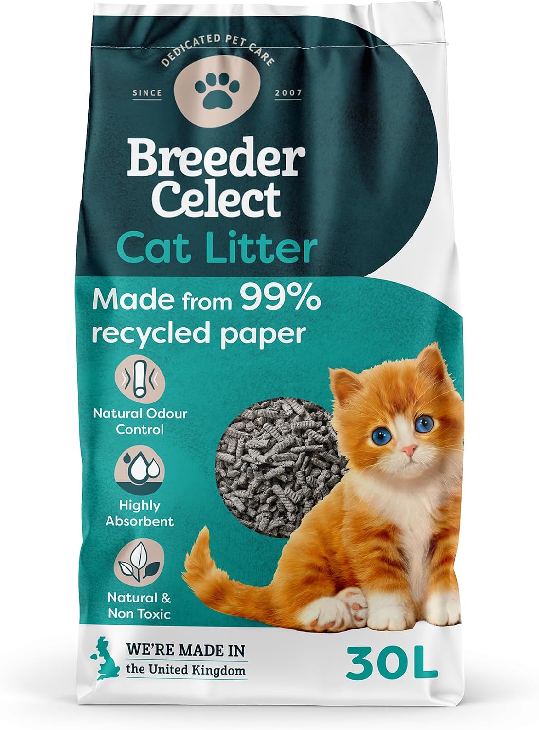 Detalle de Breeder Celect All-Natural Cat Litter (30L) – 99% Recycled Paper, Non-Clumping, Biodegradable & Compostable