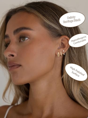 Detalle de ESPVO Gold Hoop Stud Earrings Set for Women (14k Gold Plated, Hypoallergenic) – 3 Pairs