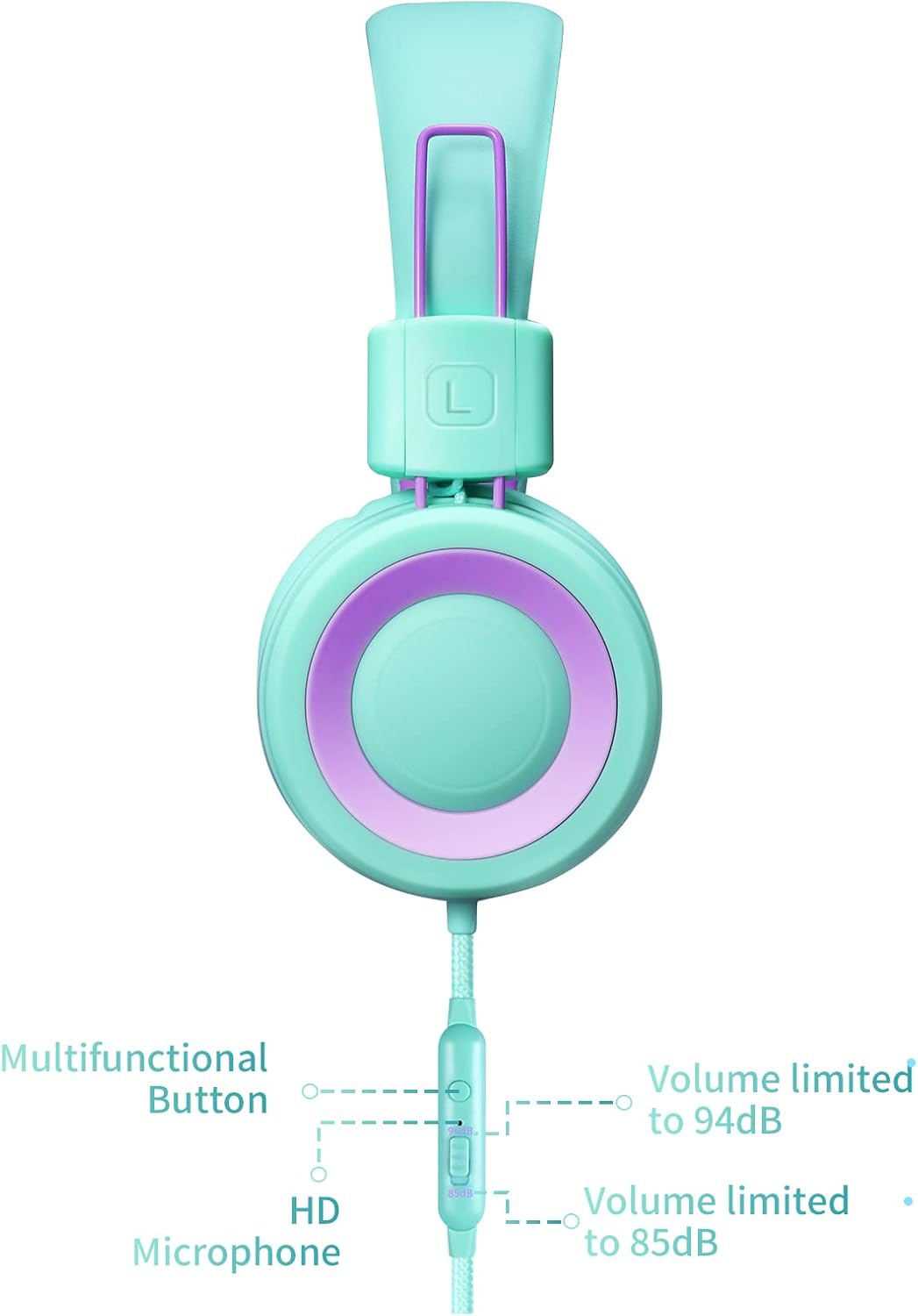Detalle de POWMEE P10 Kids Headphones with Microphone — Adjustable, Foldable On-Ear Stereo for School, PC, and Phone (Green)