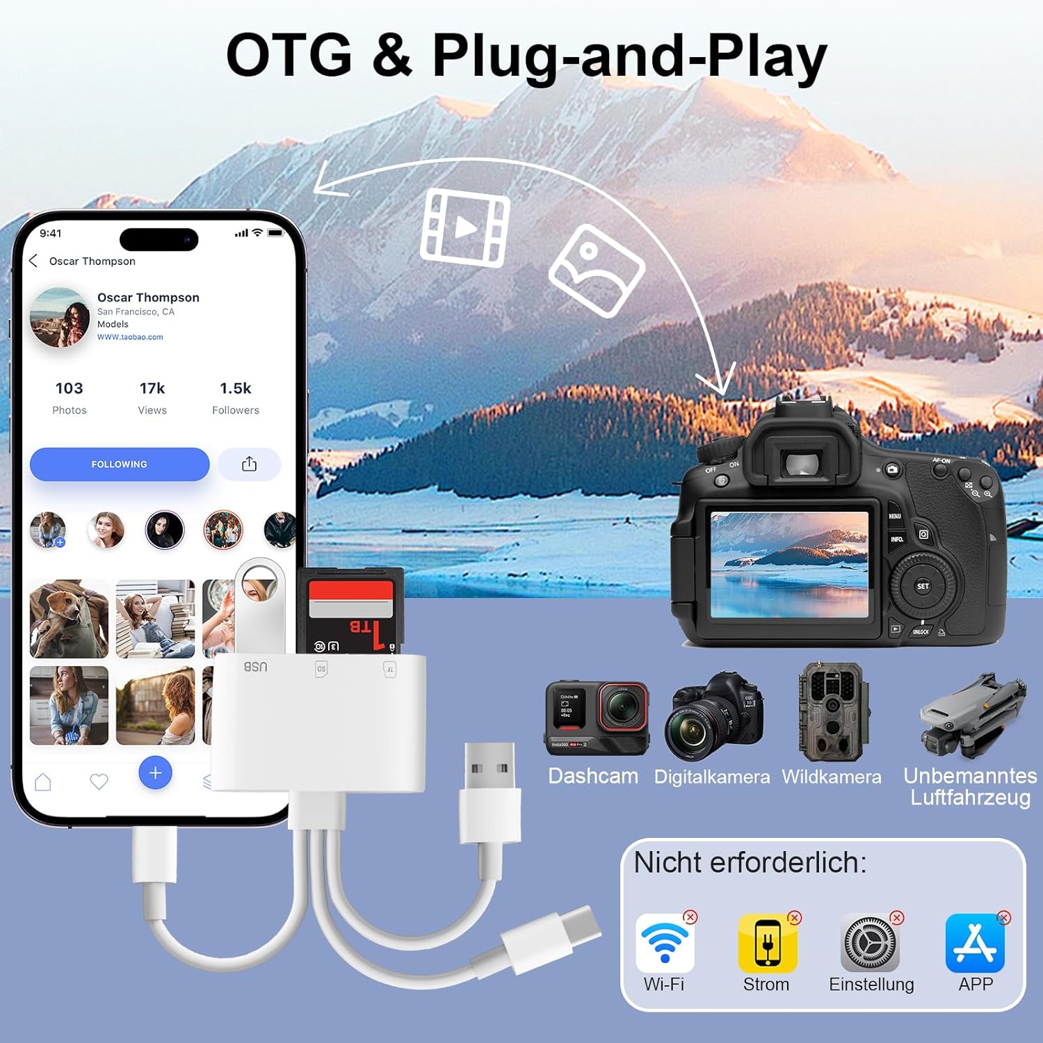 Detalle de Dalimee SD Kartenleser USB-C/USB-A/Lightning – vielseitiger 3-in-1 Kartenleser für iPhone, iPad, MacBook, PC und Android