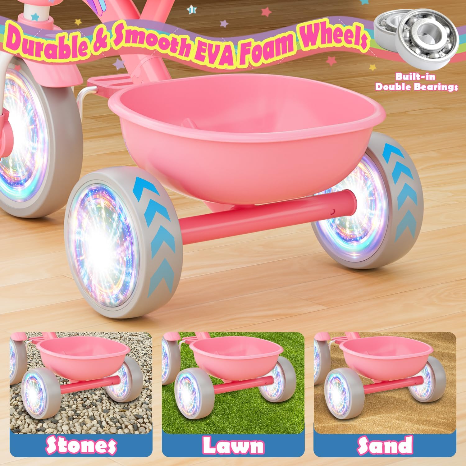 Detalle 2 de HappyGoLucky Unicorn Tricycle with Lighting Wheels, Adjustable Seat & Removable Pedals (2–5 Year Olds)