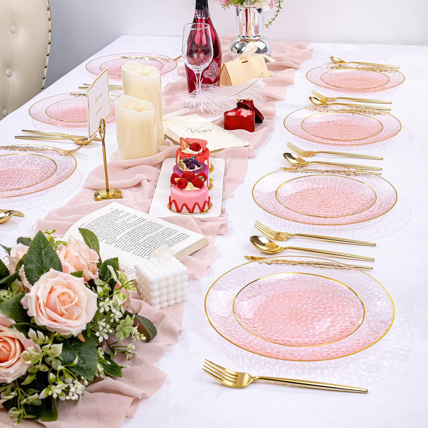 Thumbnail 6 de Rubtlamp 100 Pcs Pink Gold 7 Inch Dessert Plates – Hammered Plastic Disposable with Gold Rim