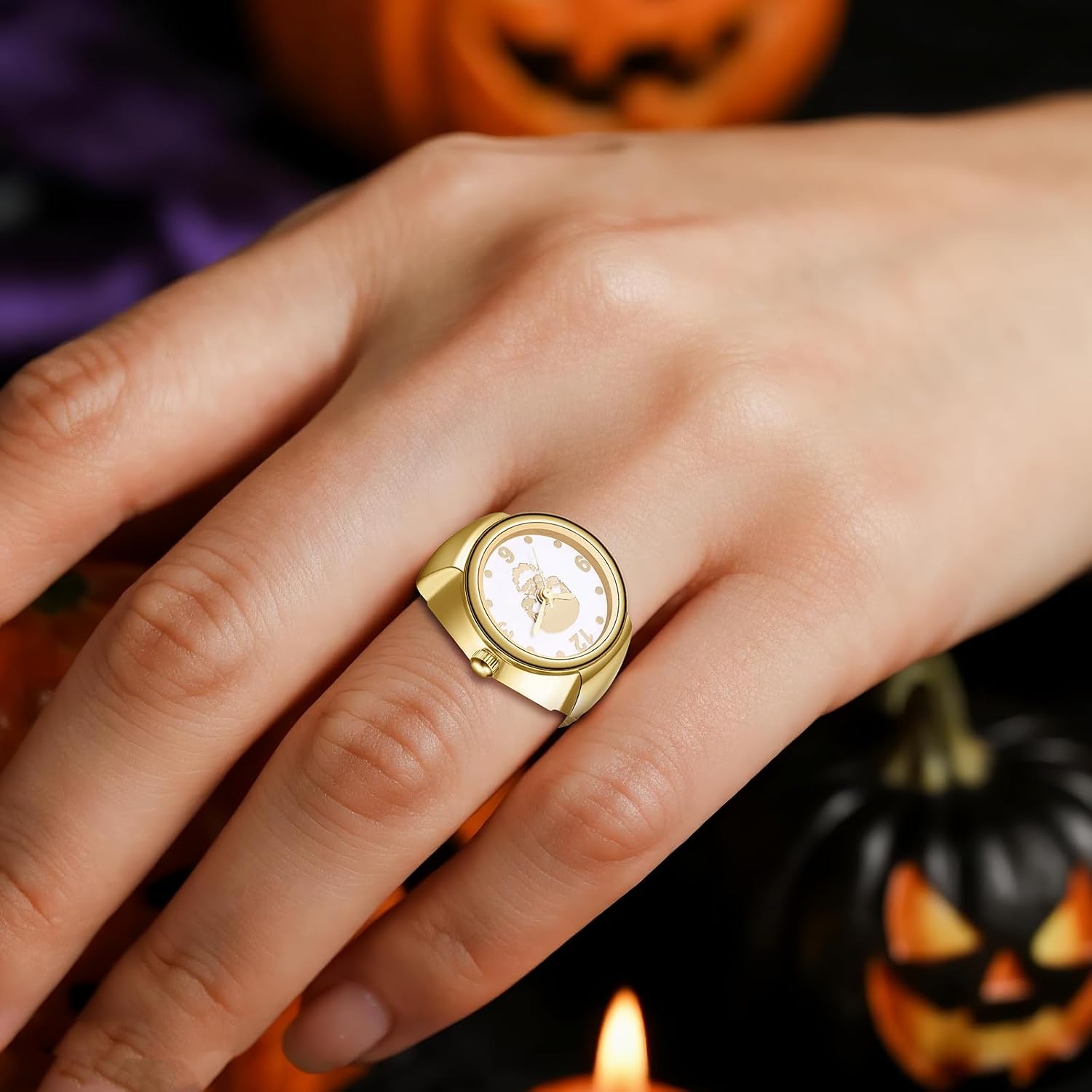 Detalle de JewelryWe Ringuhr Damen Elastische Fingeruhr – Gold, Totenkopf-Design, Quarzwerk