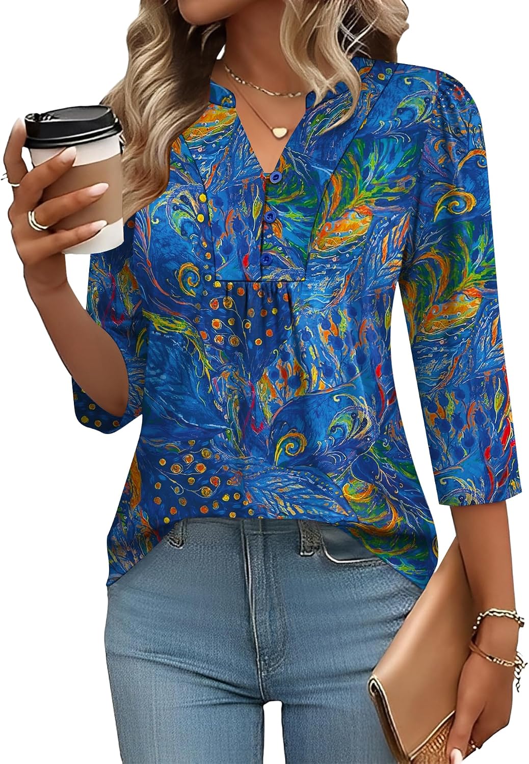 Detalle de IECCP 3/4 Sleeve Henley V-Neck Pleated Tunic Top for Women (Dressy Casual)