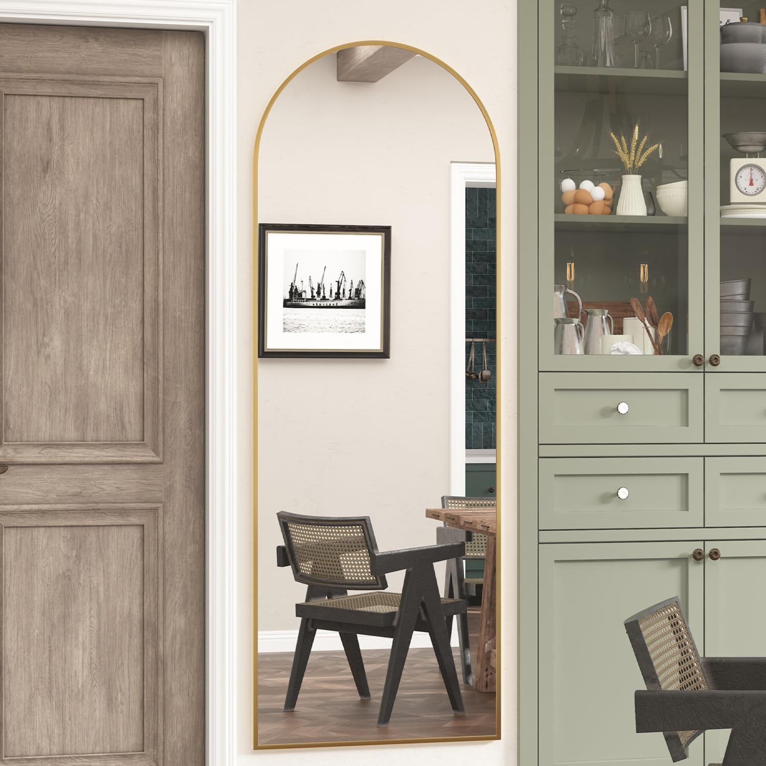 Detalle de Elemango Full length Floor Mirror, vloerspiegel met boog, aluminium frame, goud