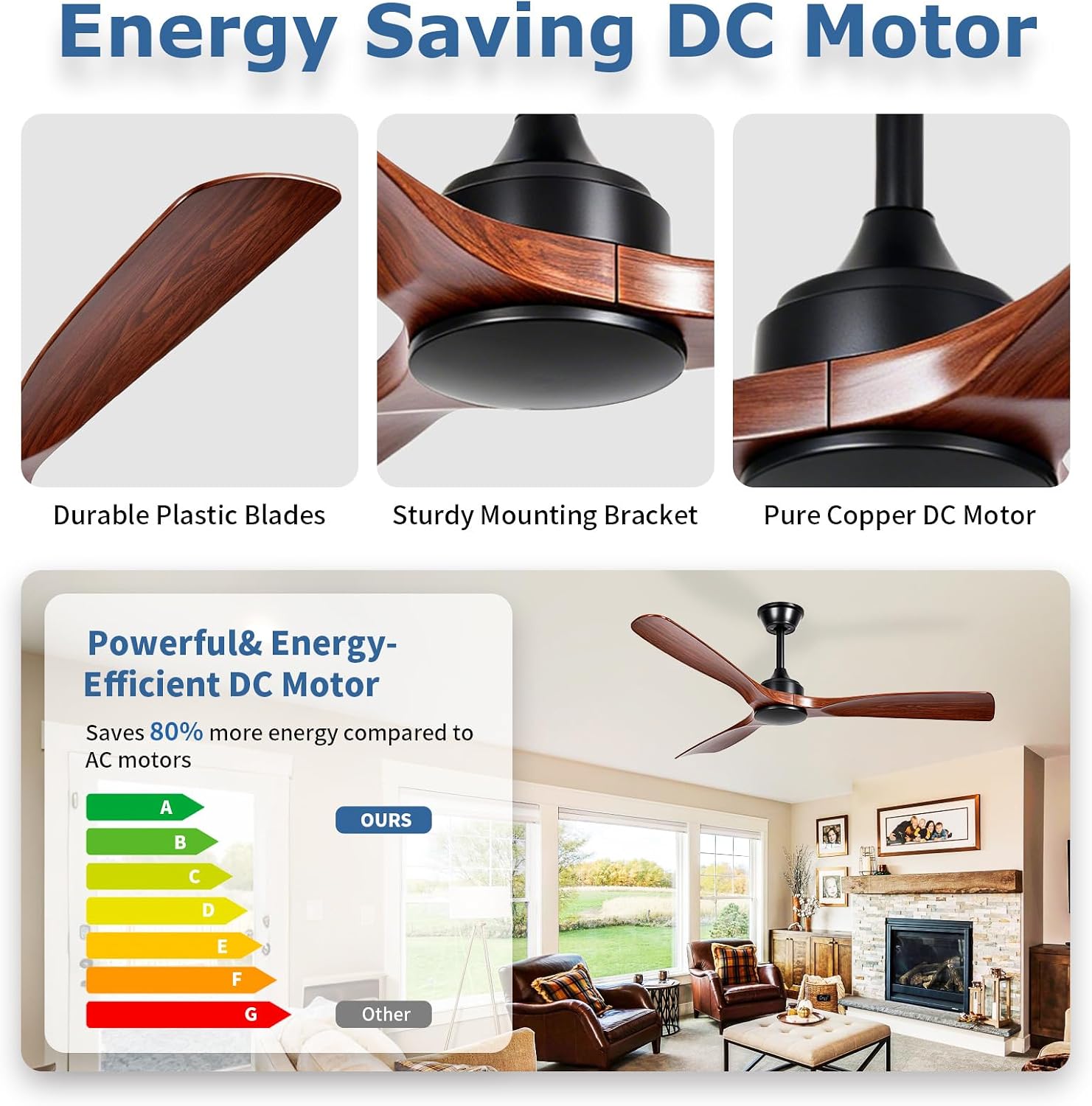 Detalle 1 de MuyuTc MY-CF02-NL52-Walnut 52-Inch Ceiling Fan with Remote, Walnut, No Light