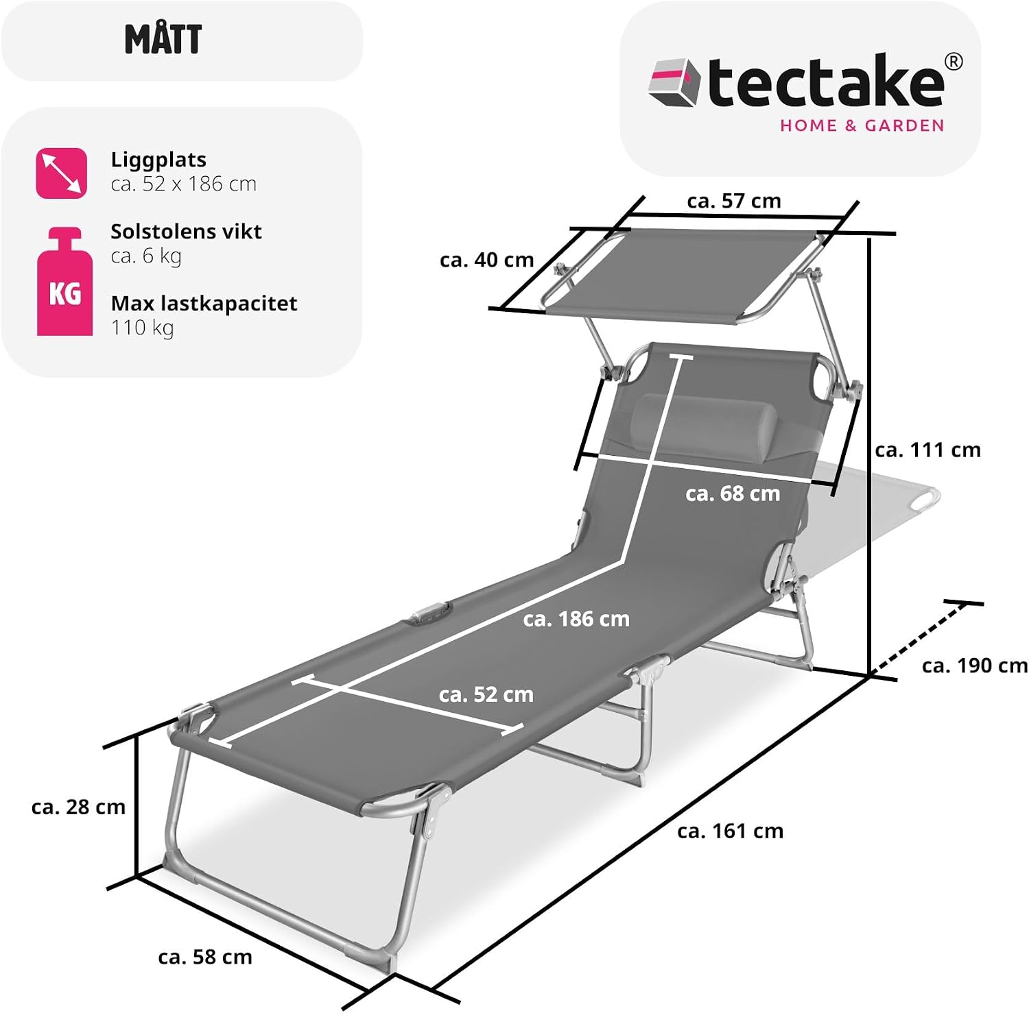 Detalle de tectake Chloé 403413 solstol – hopfällbar med solskydd och fyra rygglägen