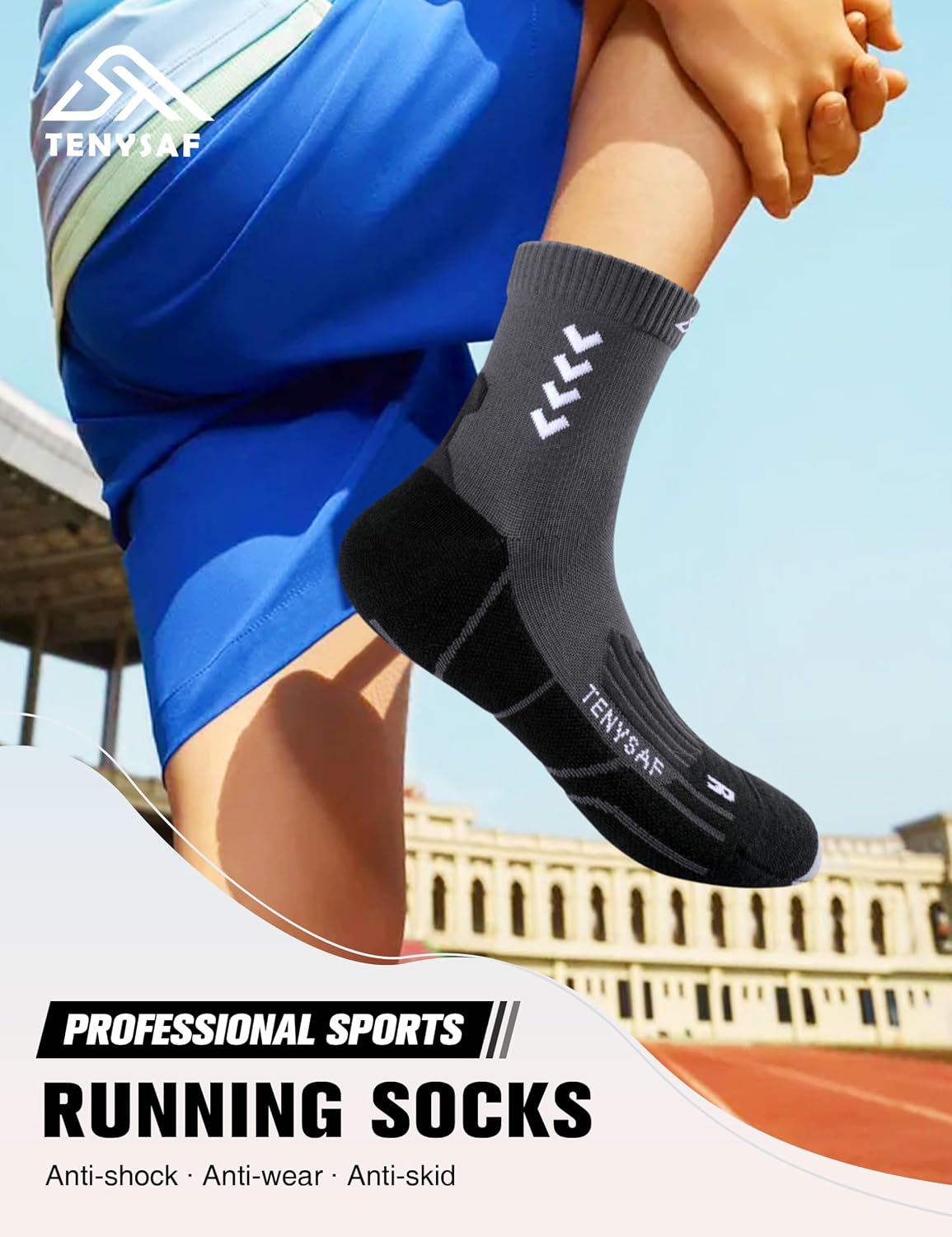 Detalle 2 de Compression Crew Running Socks with Cushion & Arch Support (3 Pairs) — Nylon/Polyester/Spandex Athletic Socks