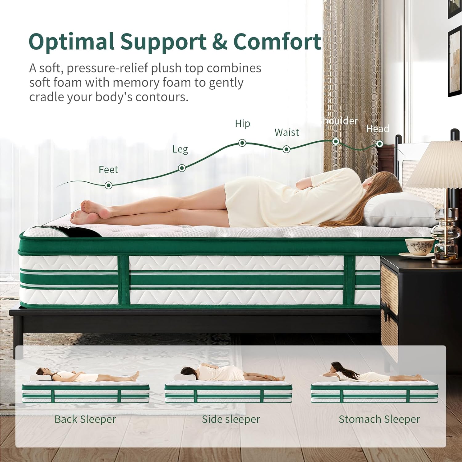 Thumbnail 4 de Queblox Double Mattress 4FT6 11Inch 7-Zone Memory Foam Pocket Sprung Medium Firm (135x190x28 cm)