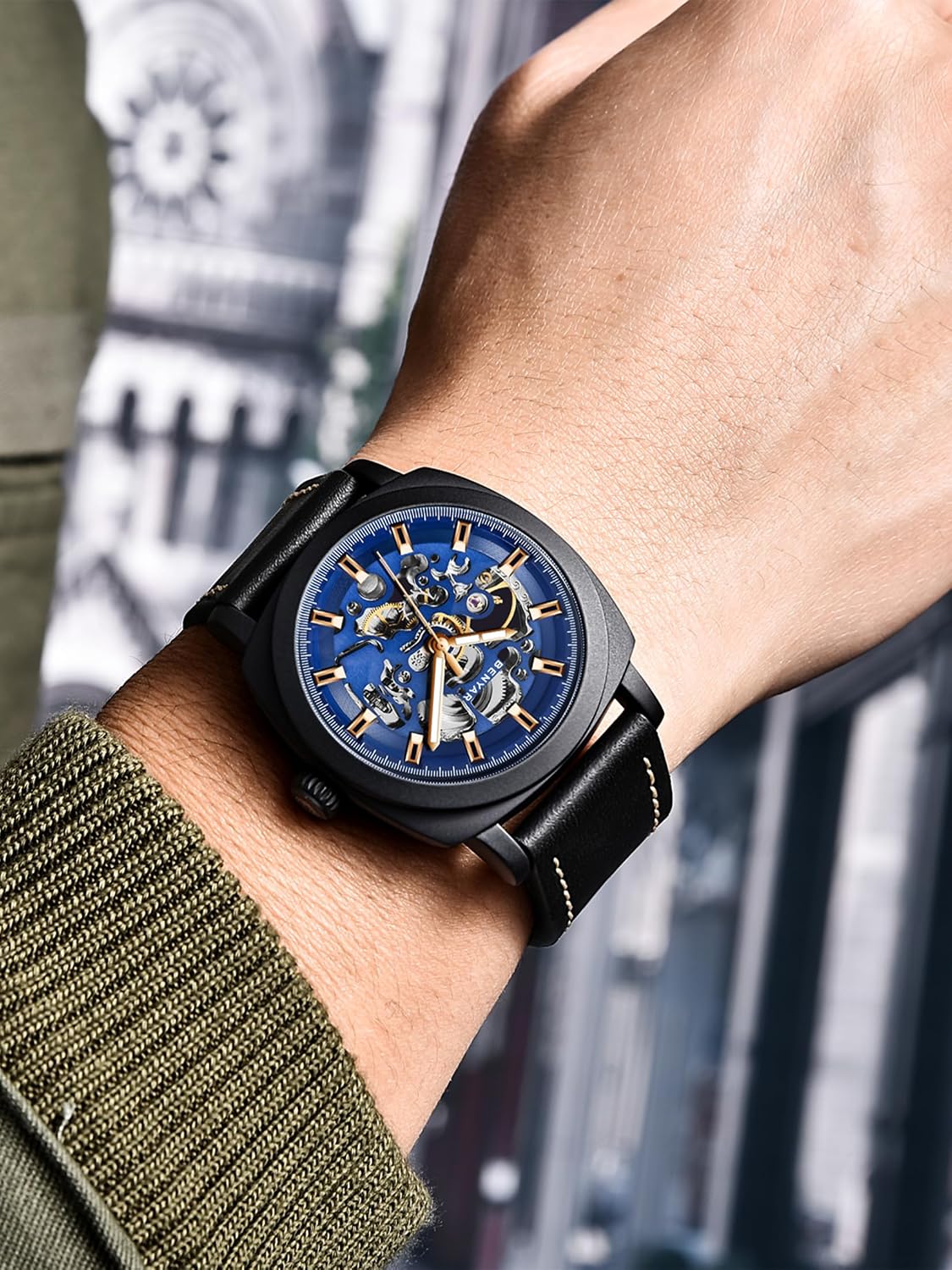 Detalle de BENYAR Herren Automatik Uhr mit Skelettzifferblatt – 45 mm, Lederarmband