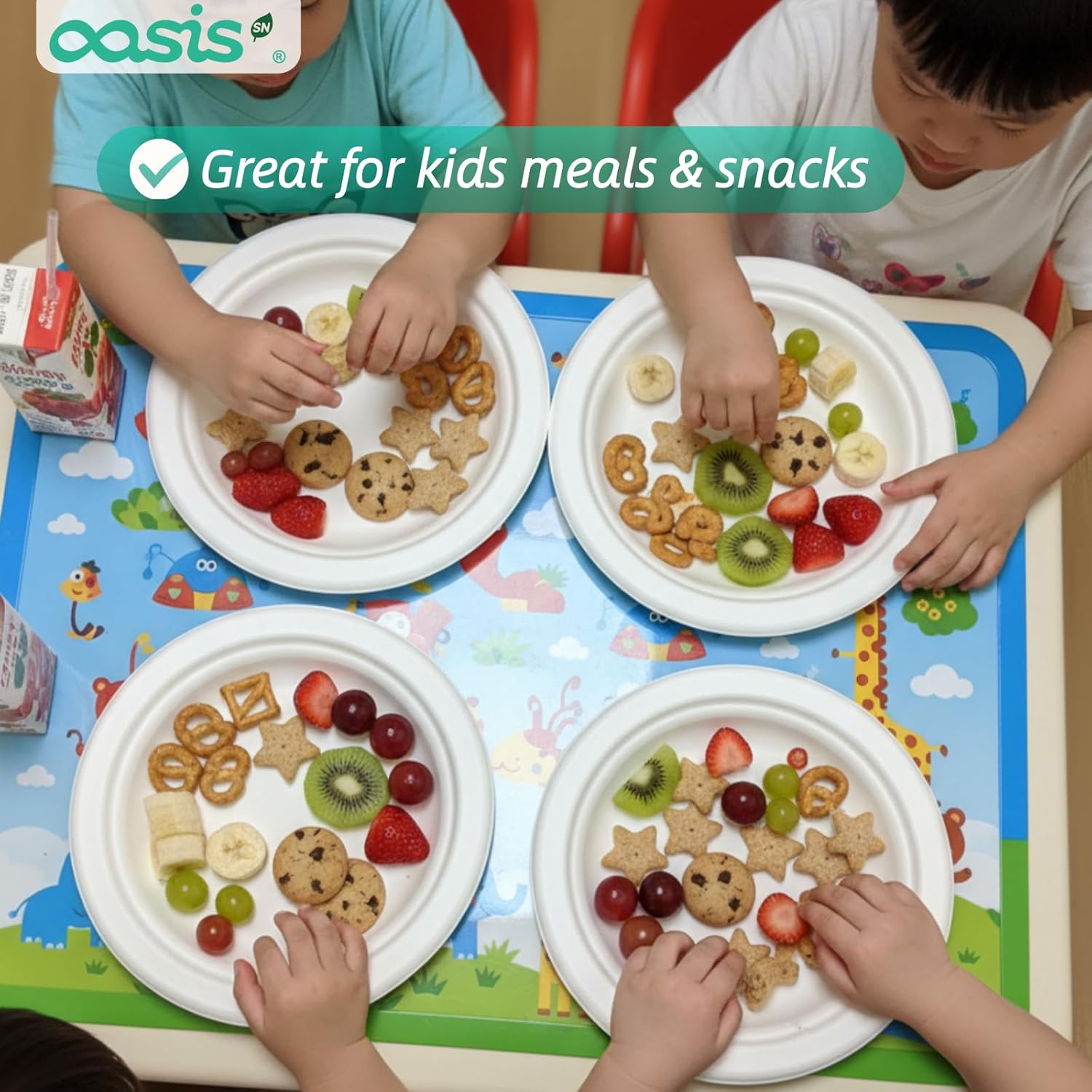 Detalle de OasisSN 6 Inch Paper Plates (128 Pack) — Compostable Sugarcane Bagasse Dessert Plates for Cakes, Snacks & Kids Meals
