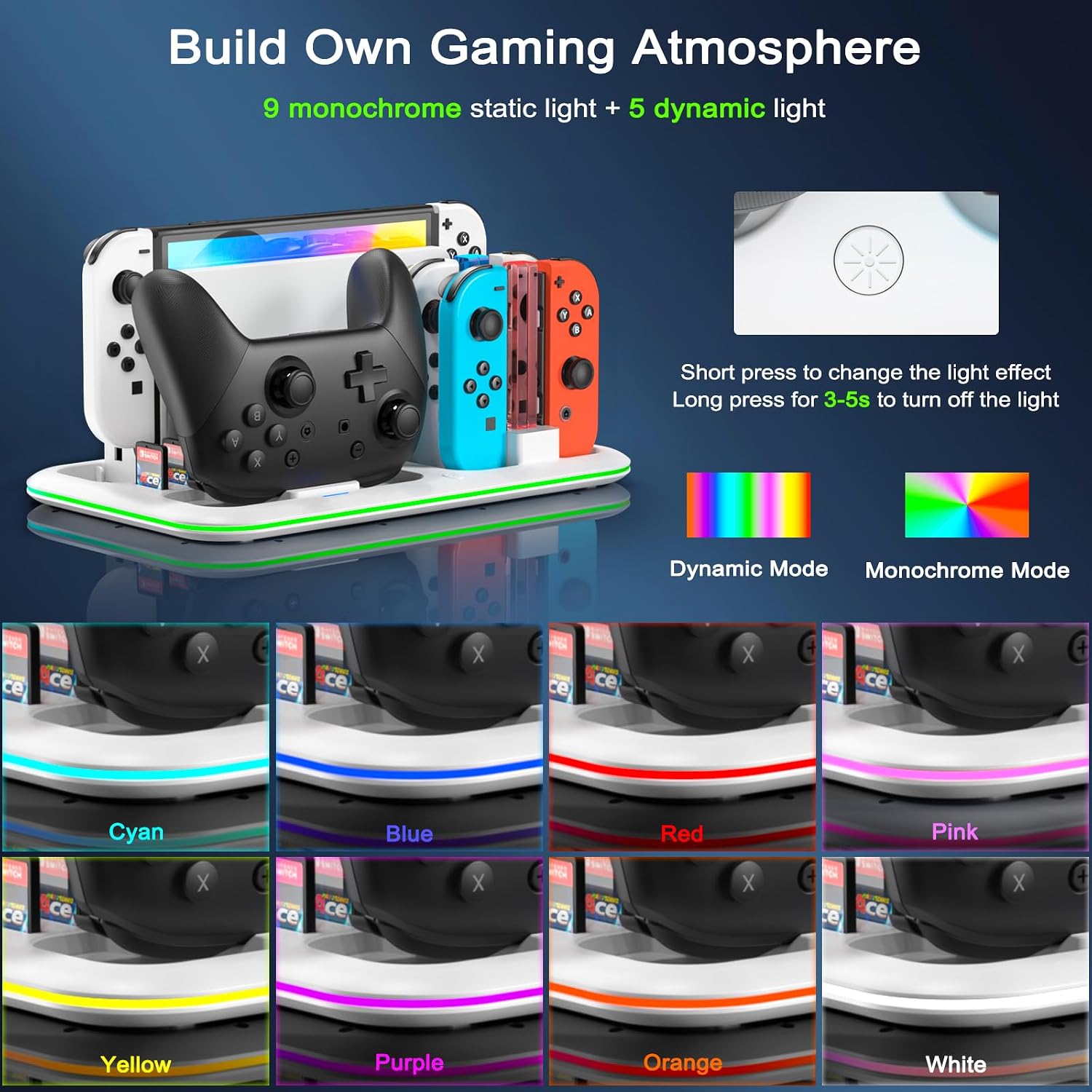 Detalle de FASTSNAIL RGB Controller Ladestation für Nintendo Switch / Switch OLED mit LED-Lichtmodi