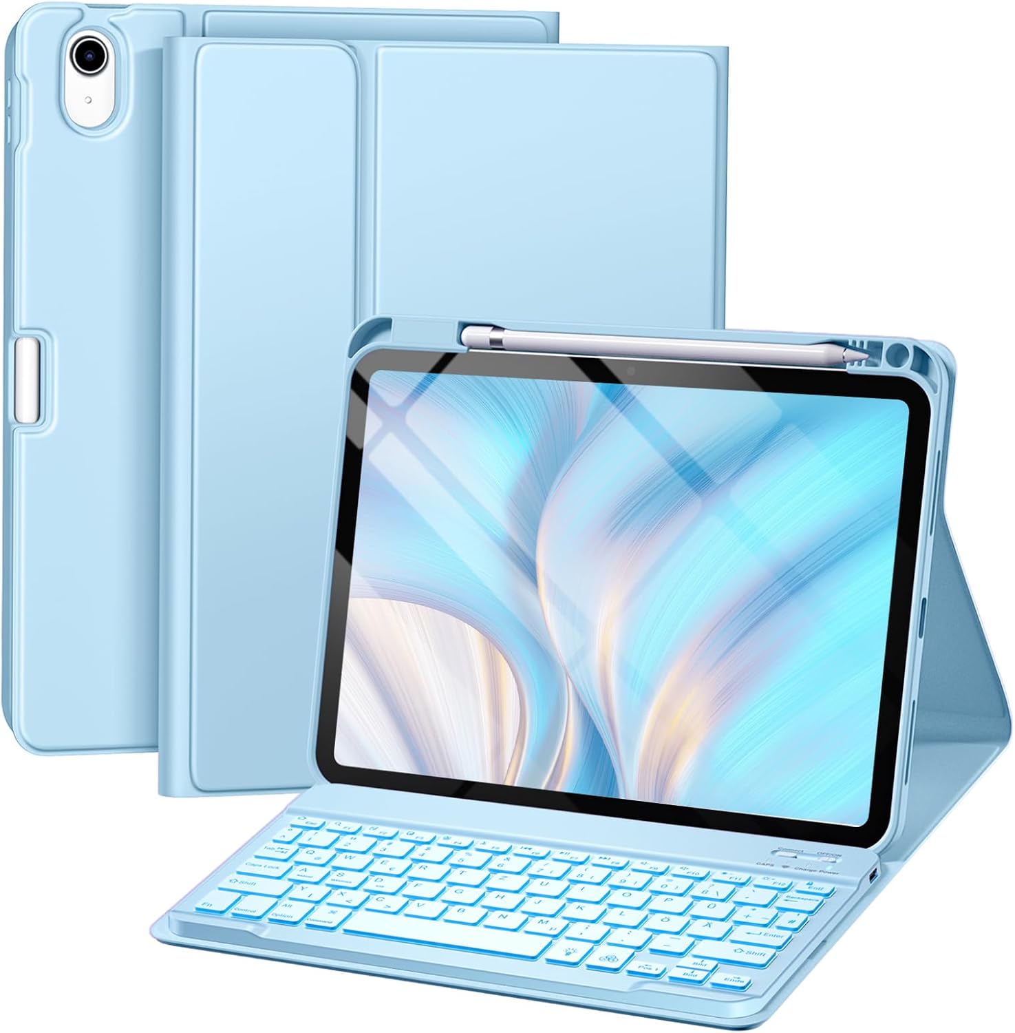 Detalle de drivego Hülle mit Tastatur für iPad 11. und 10. Generation (A16/A10) mit 7-farbiger Beleuchtung, Magnet-Tastatur und Stifthalter
