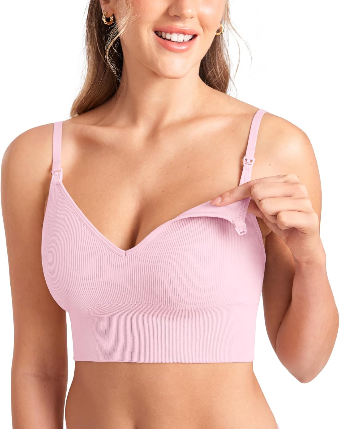 Detalle de MOMANDA Ribbed Nursing Bra: Longline Wireless Maternity Support for Sleep & Everyday Wear