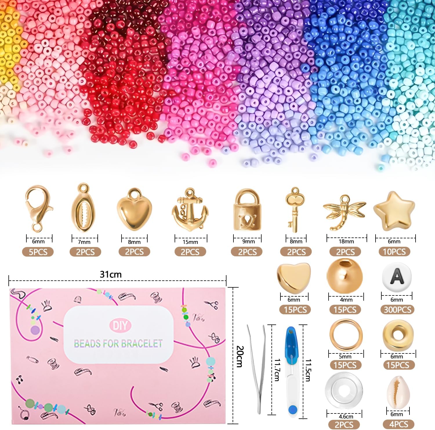 Detalle de JHWELRG Selber Machen Perlen Set für Armbänder – 16.000 Glasperlen (3 mm), 48 Farben inkl. Buchstaben