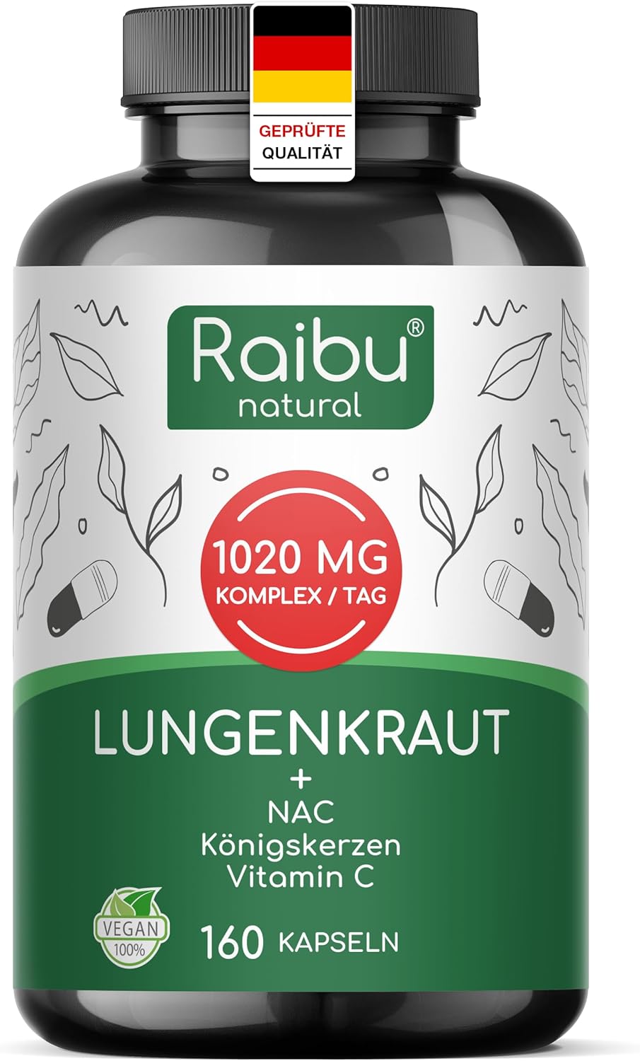 Detalle de Lungenkraut Kapseln Hochdosiert mit Königskerzen – 600 mg pro Tagesdosis, 160 Kapseln, vegan & frei von Zusätzen