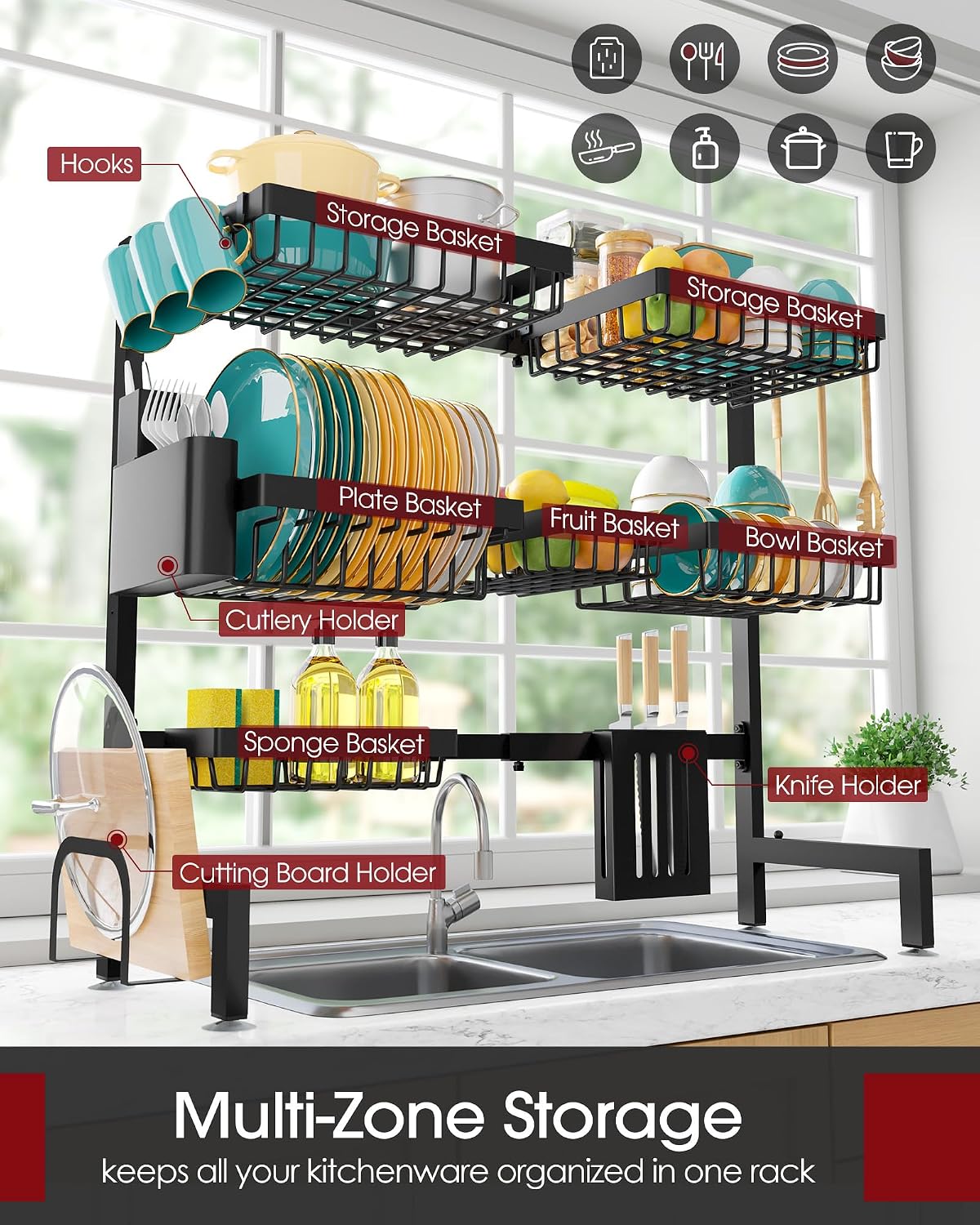 Thumbnail 1 de Sakugi Over The Sink Dish Drying Rack - Adjustable 3 Tier XX-Large Capacity, Stainless Steel Drainer with Utensil, Knife & Cutting Board Holders