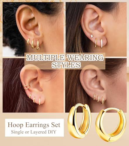 Detalle de SMILYA 3 Pairs Gold Hoops Earrings for Women – Hypoallergenic 925 Silver Posts, Multi-Design Stacks