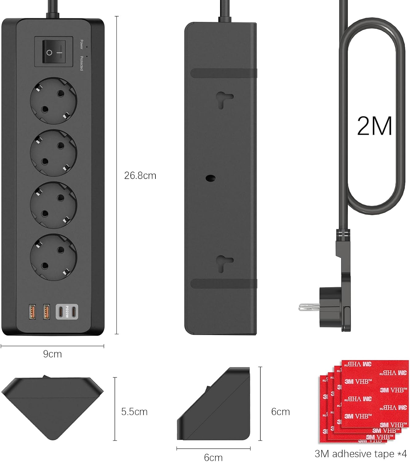 Thumbnail 6 de Sudeery 8in1 Ecksteckdosenleiste mit Flachstecker und USB-C PD 20W – 4 Fach, 2 USB-C, 2 USB-A, 2 m Kabel