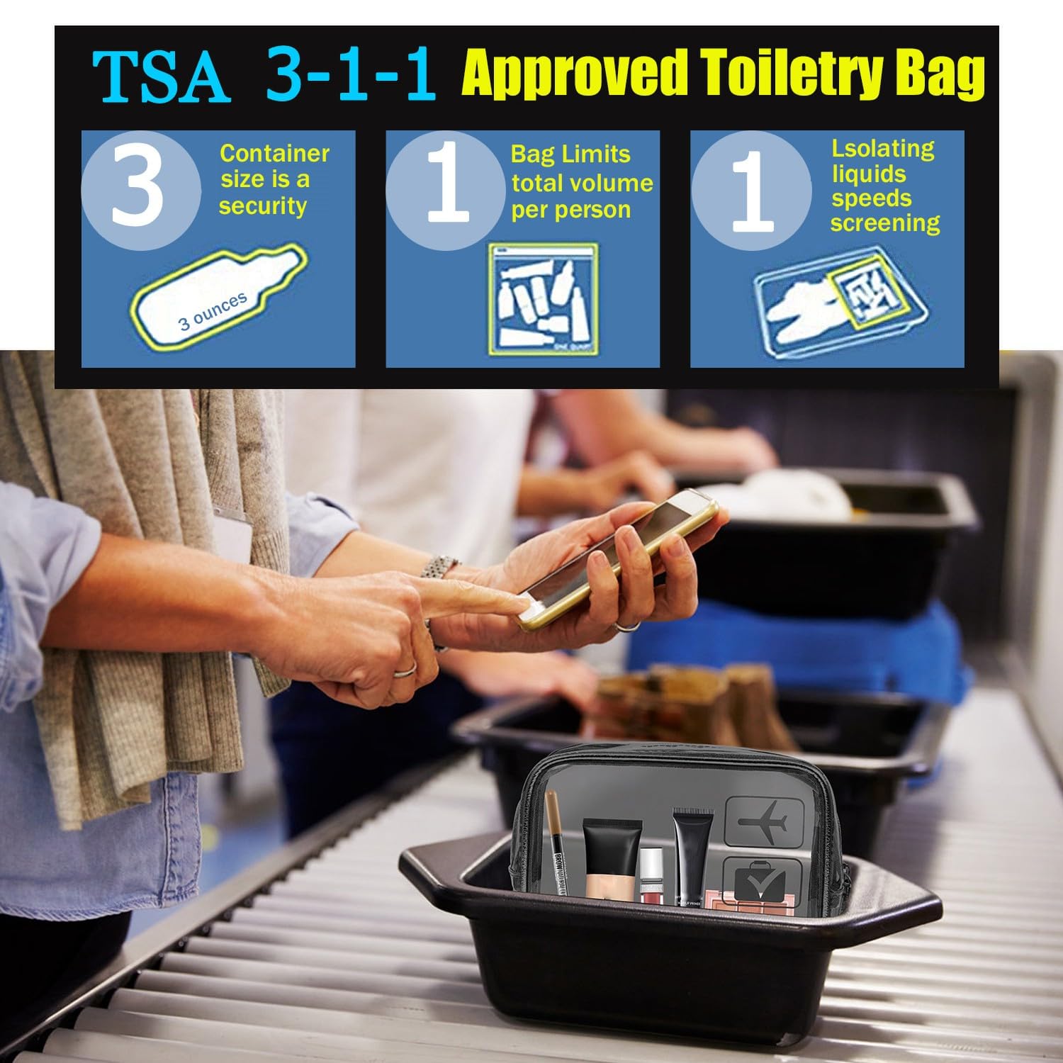 Detalle de MODENGKONGJIAN TSA Approved Toiletry Bag, 3-Pack Clear Quart-Size Travel Bags