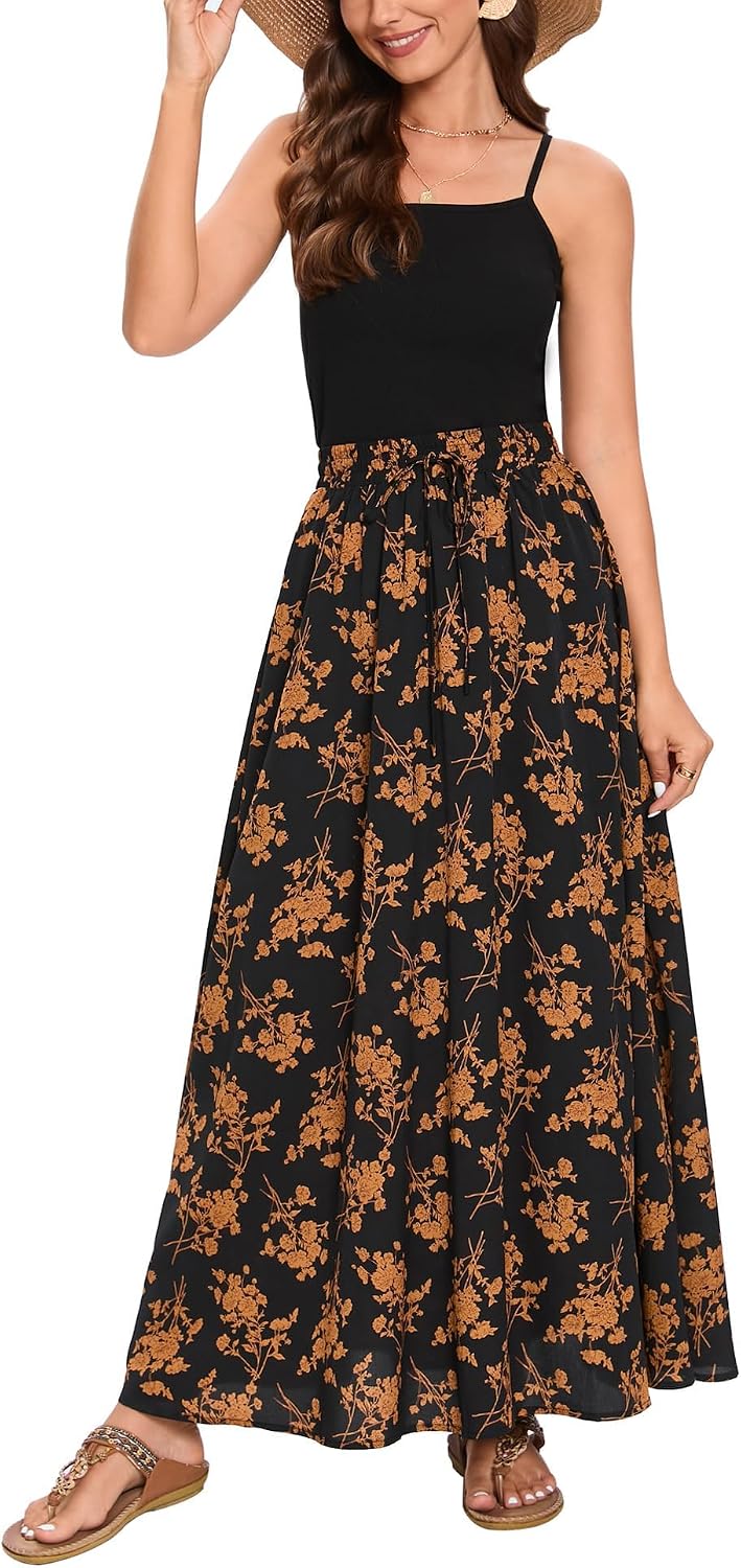 Detalle de Hount Damen Maxirock mit elastischer Taille – Boho-Strand- und Sommerrock
