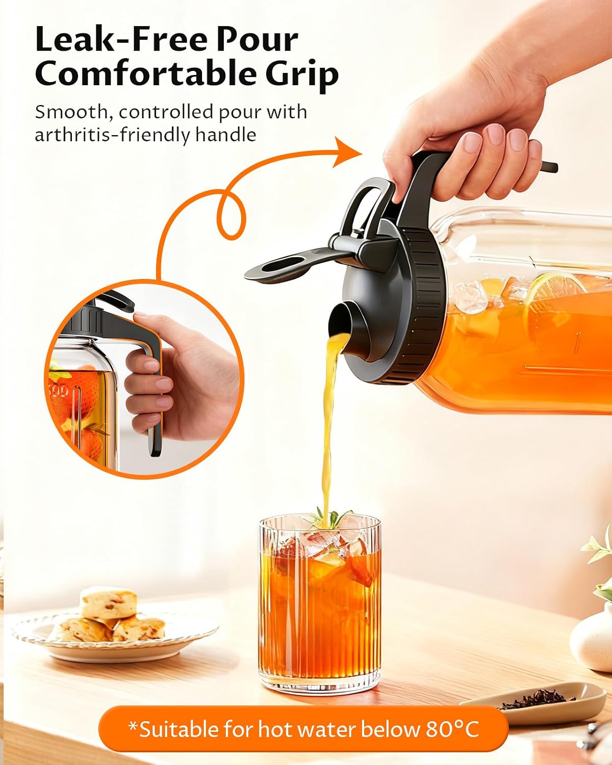 Detalle de 64 oz Mason Jar Pitcher – Airtight & Leakproof Glass Pitcher with Lid