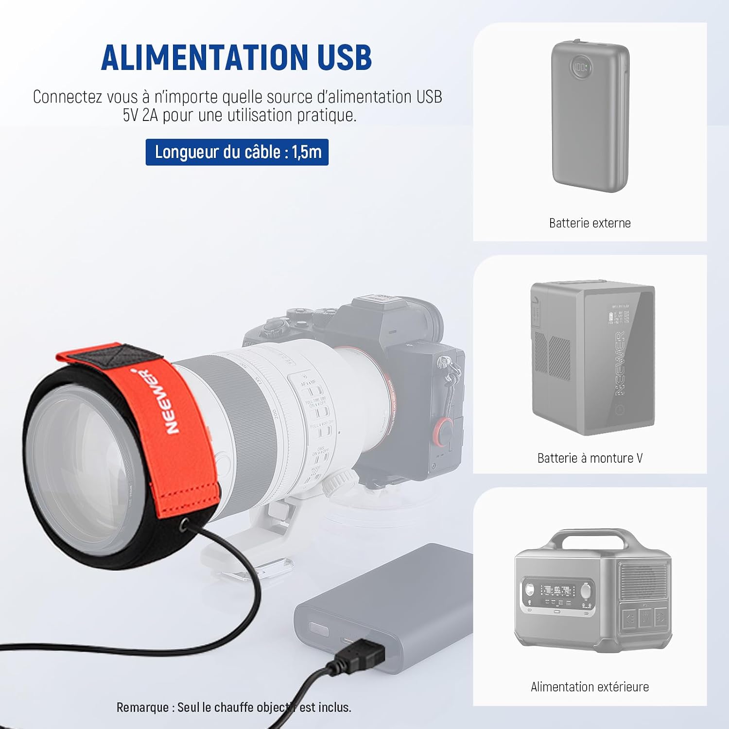 Detalle de NEEWER HW-20B Chauffe-objectif USB 500 mm avec 3 réglages de température (anti-buée) pour photo et astro