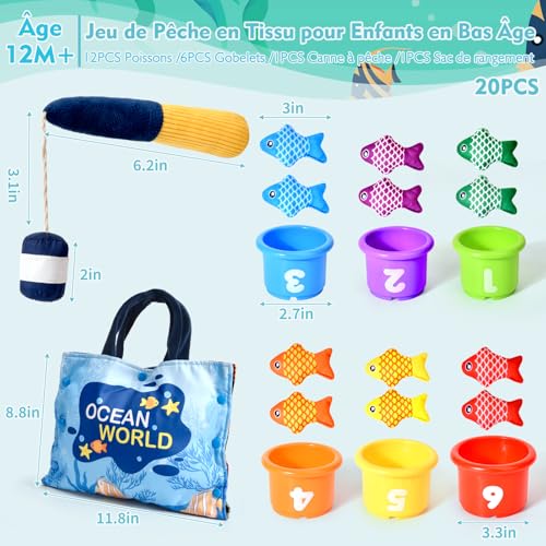 Detalle de Yitical Jeu de Pêche Montessori pour Bébé - Ensemble 22 pièces (12 poissons, 6 seaux, tapis océan)