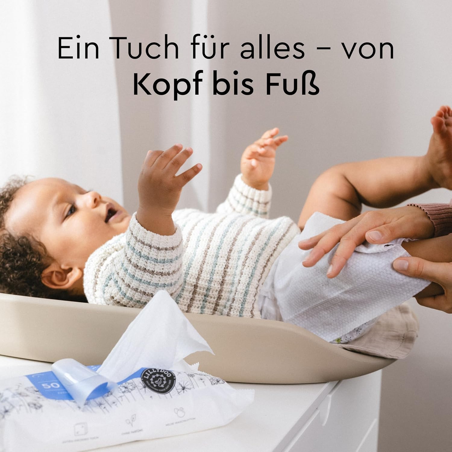Detalle de LILLYDOO Feuchte Waschtücher 350 Stück (7 x 50) – 100% plastikfrei, extra großes Tuch, ohne Parfüme