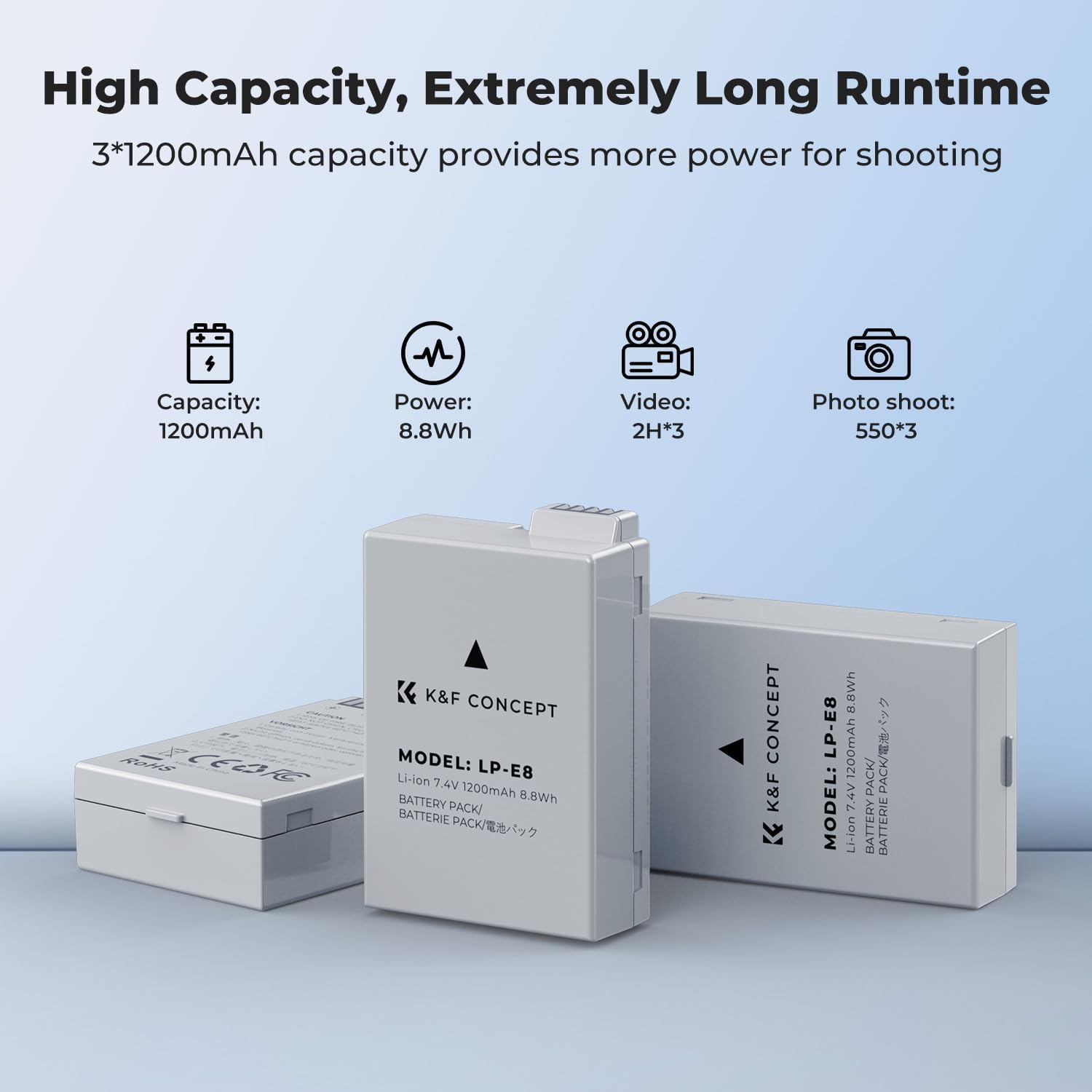Thumbnail 1 de K&F CONCEPT LP-E8 Battery and LCD Charger – 3 Pack for Canon EOS Rebel Series