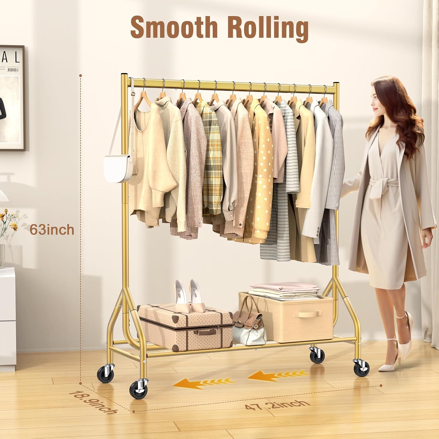 Detalle 2 de EAGMAK UKGRP067 Rolling Metal Clothes Rack, 420 LBS Capacity, Gold