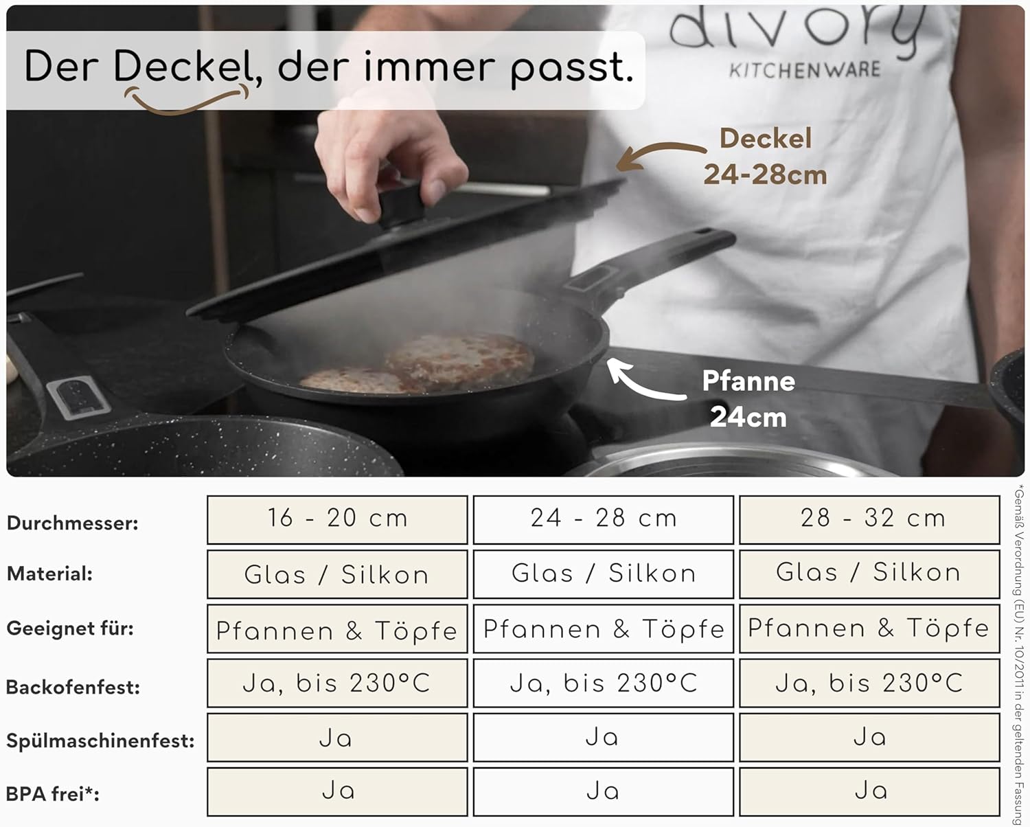 Detalle de DIVORY Pfannendeckel für 28, 30 & 32 cm – Glasdeckel mit abgestuftem Silikonrand