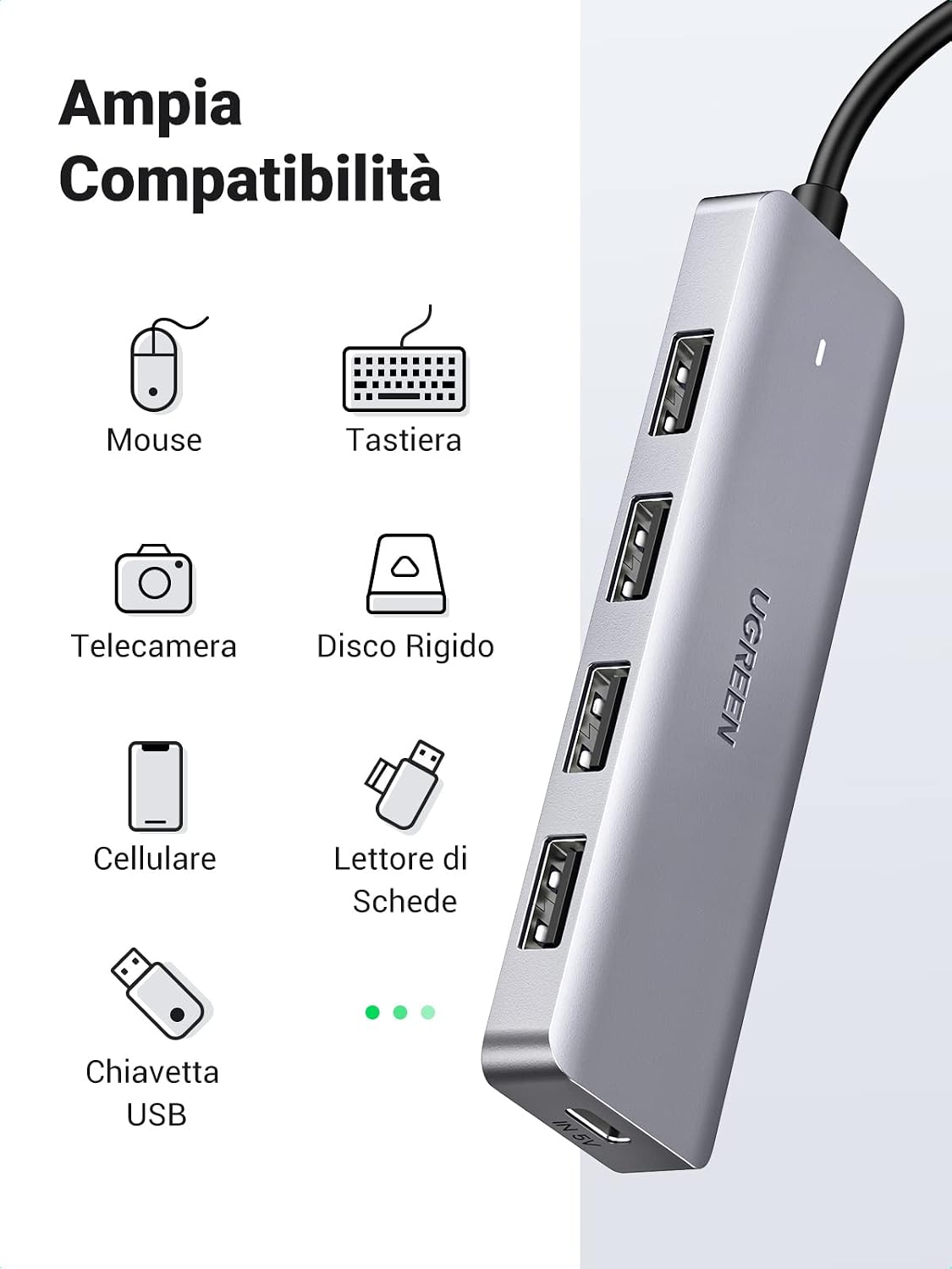 Detalle de UGREEN Hub USB C a 4 Porte – Adattatore Multiporta con uscita USB 3.0, indicatore LED, 15 cm