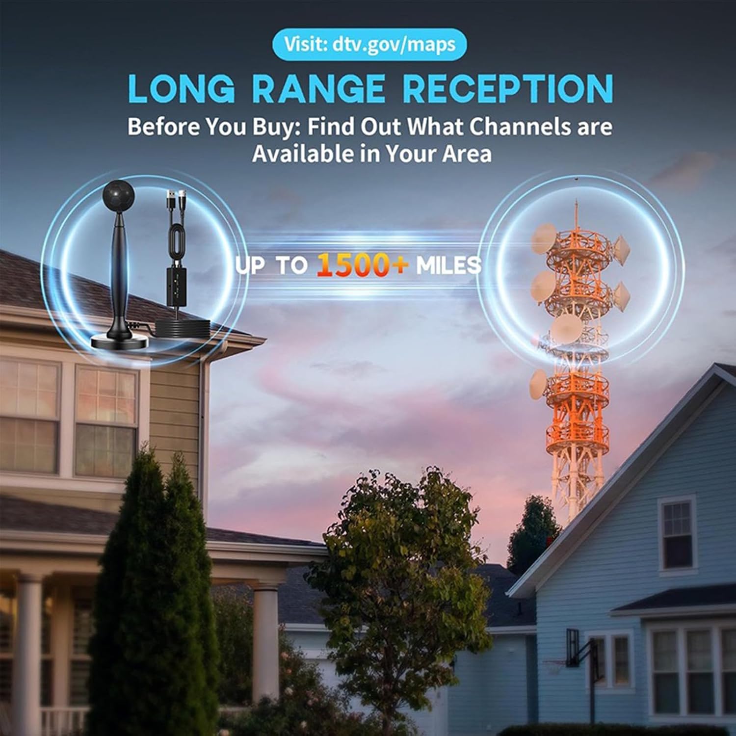 Detalle de TV Antenna for Smart TV Indoor/Outdoor with 2800+ Miles Range and 360° Signal Booster