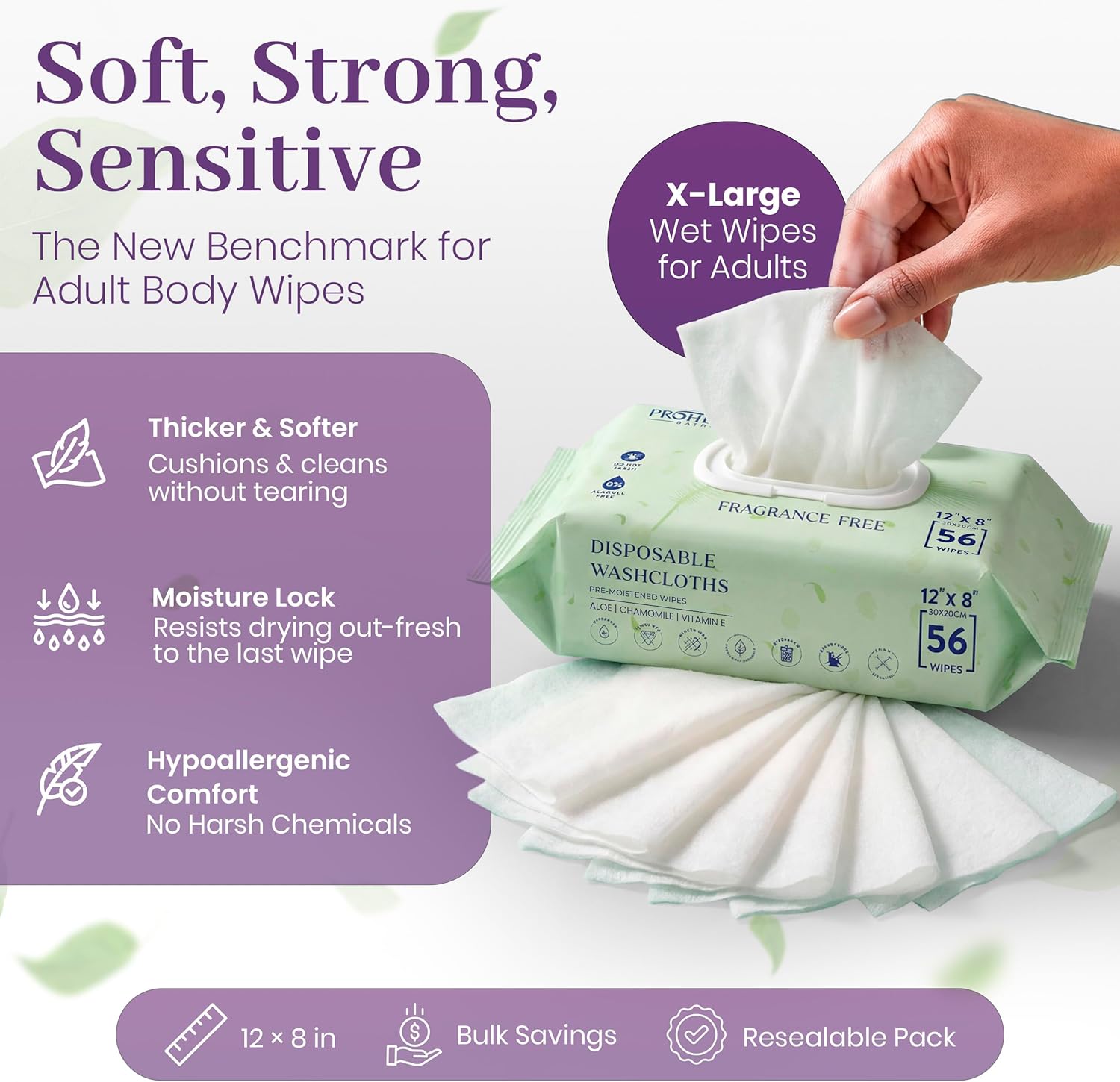 Detalle de ProHeal Extra Large Adult Wipes for Elderly — 6 packs of 56 (336 wipes) | 12" x 8" No Rinse, Fragrance Free